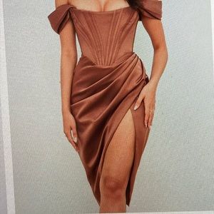 NEW WITH TAGS!! ⚠️ House of CB toffee satin off shoulder dress